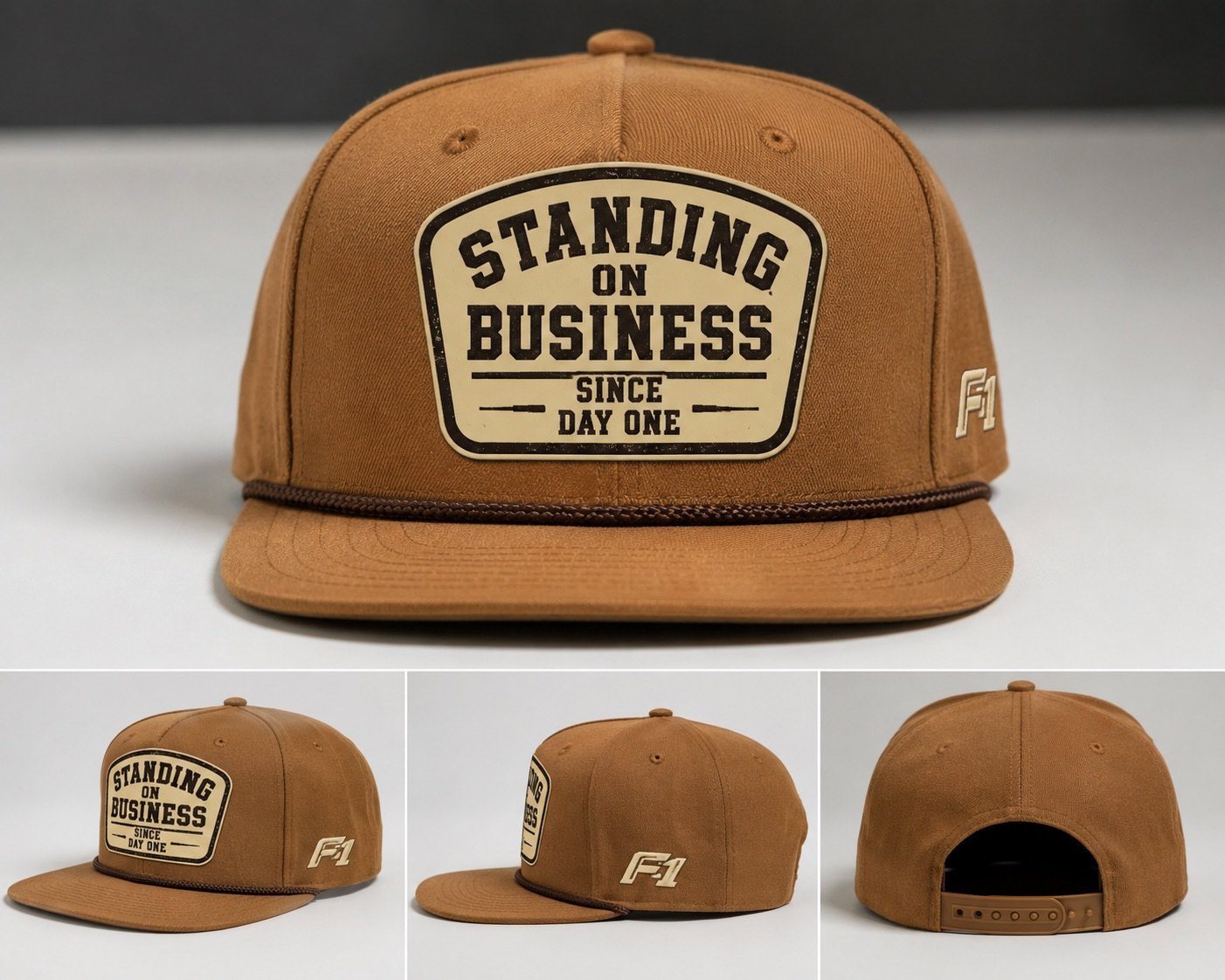 Brown custom hat with Standing On Business patch and F1 side mark.
