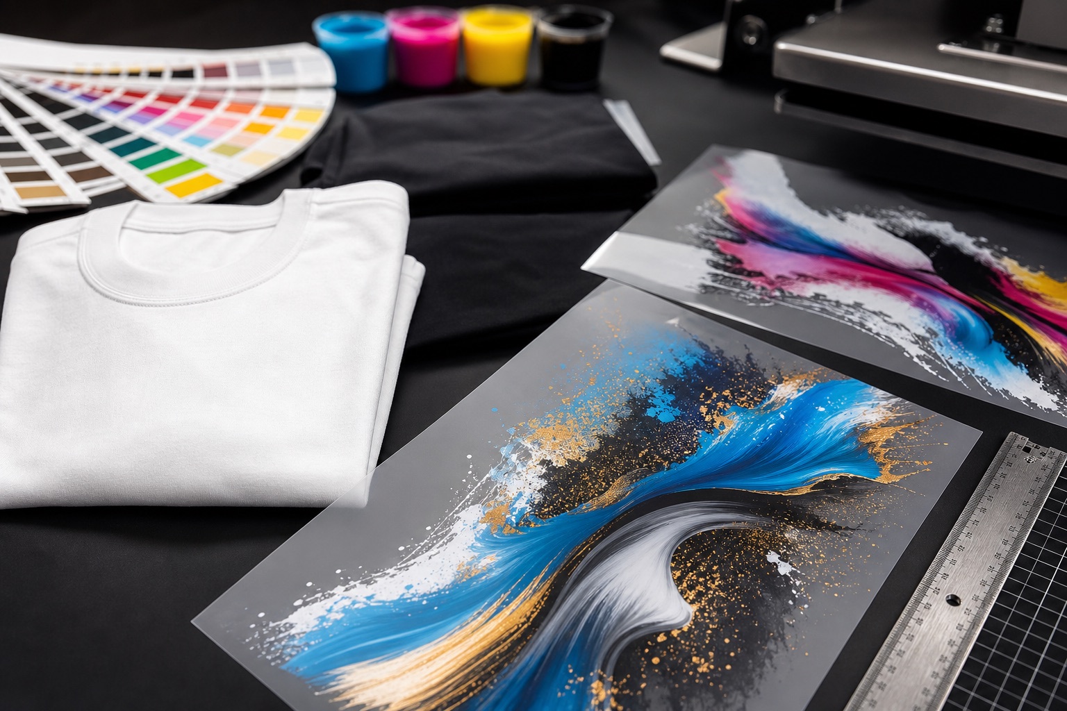 DTF transfer sheets, blank shirts, color swatches, and production tools on a print shop table.