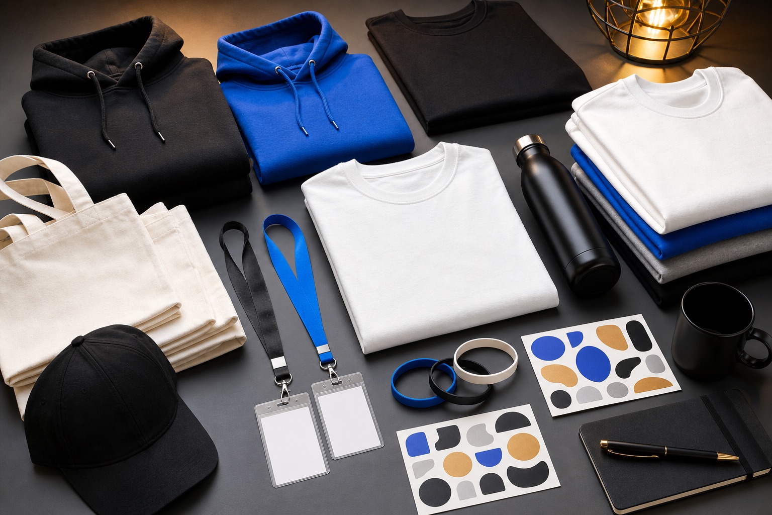 Coordinated event merchandise bundle with blank apparel, tote bags, lanyards, and stickers.