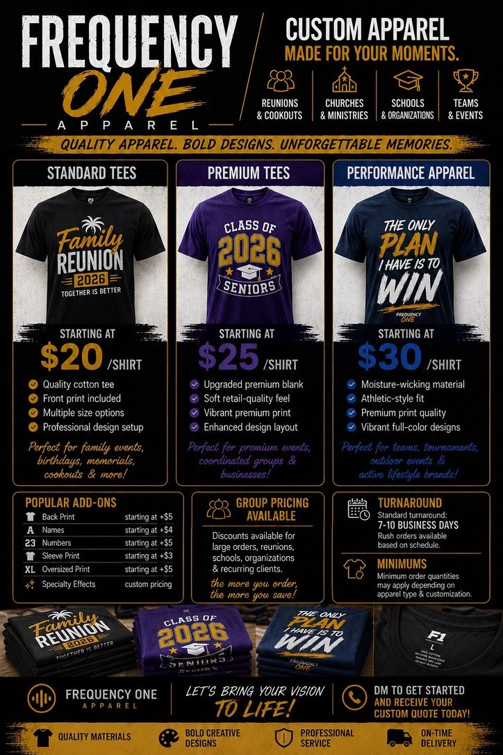 Custom apparel flyer showing shirt package options and event apparel examples.
