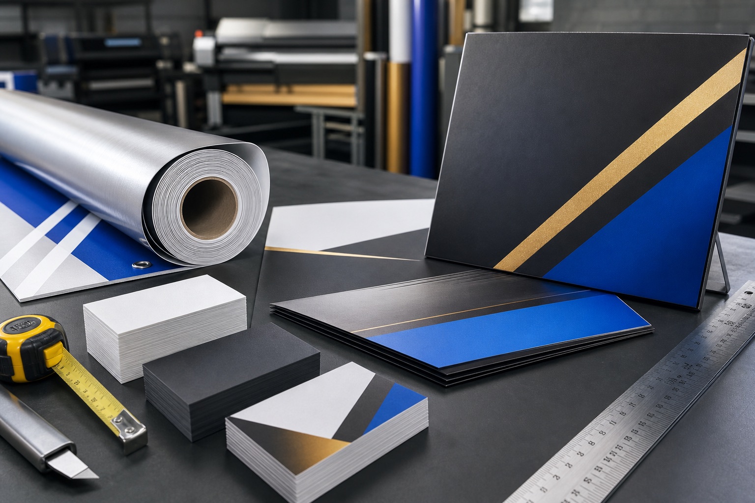 Blank business cards, banner vinyl, sign boards, and printed marketing materials arranged on a work table.