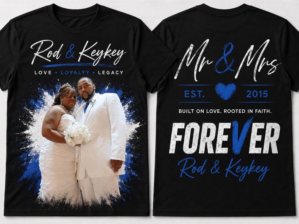 Custom black shirt mockup with front and back memorial wedding design.